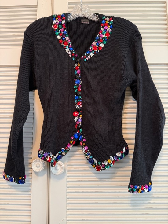 Frederick's of Hollywood Sweaters - FREDERICK’S OF HOLLYWOOD Vintage Black V-Neck Sweater with Multicolor Jewel Trim